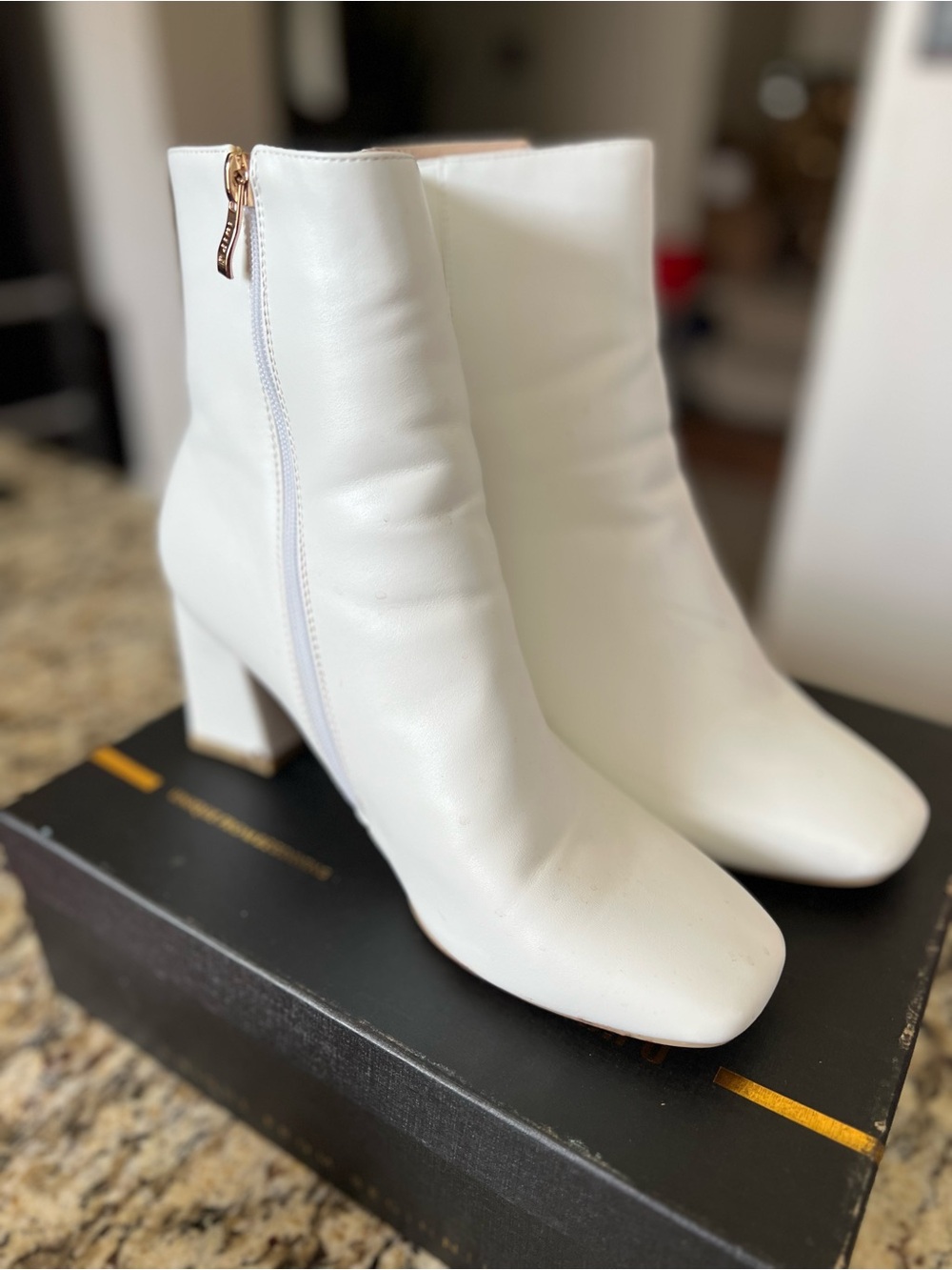 IDIFU White Block Heel Ankle Boots with Side Zip